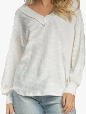 We The Free South Side Thermal Waffle knit Top OS VNeck Drop Shoulder Size Small